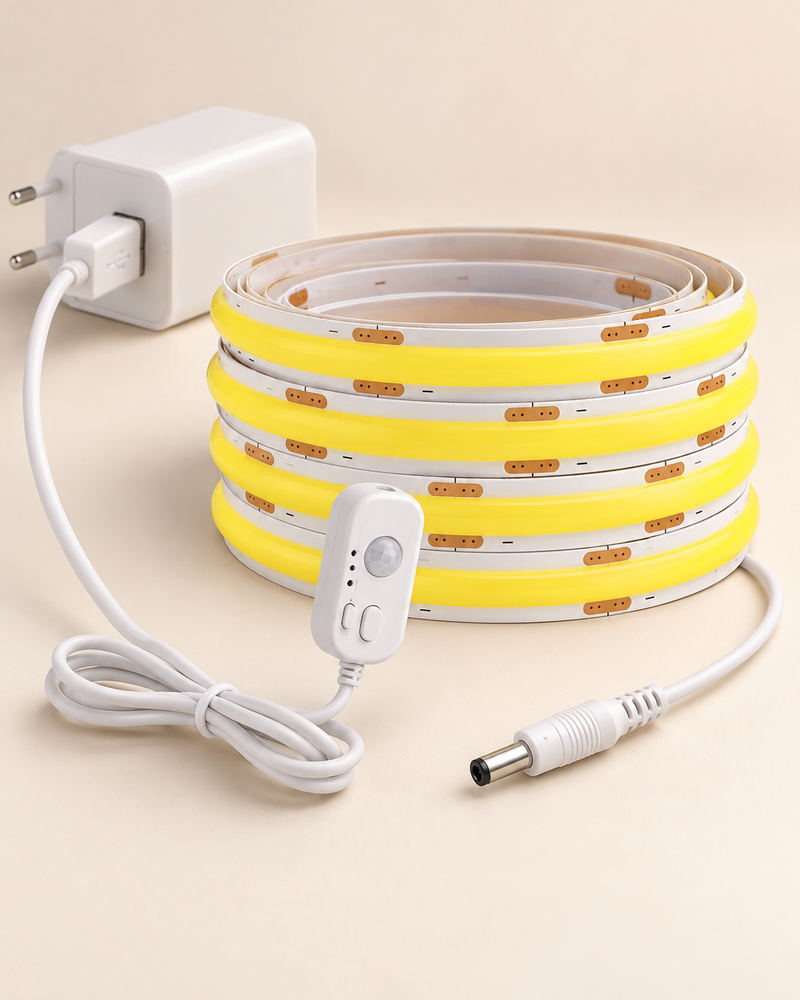 Tira LED COB 5V con sensor compacto y alimentación USB para enchufe
